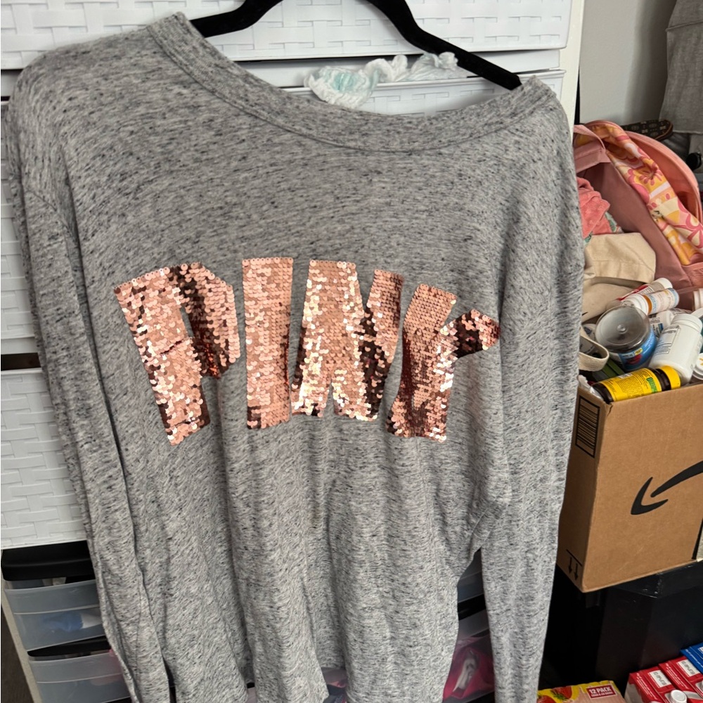 PINK Victoria Secret Gray Sequin Logo Sweatshirt